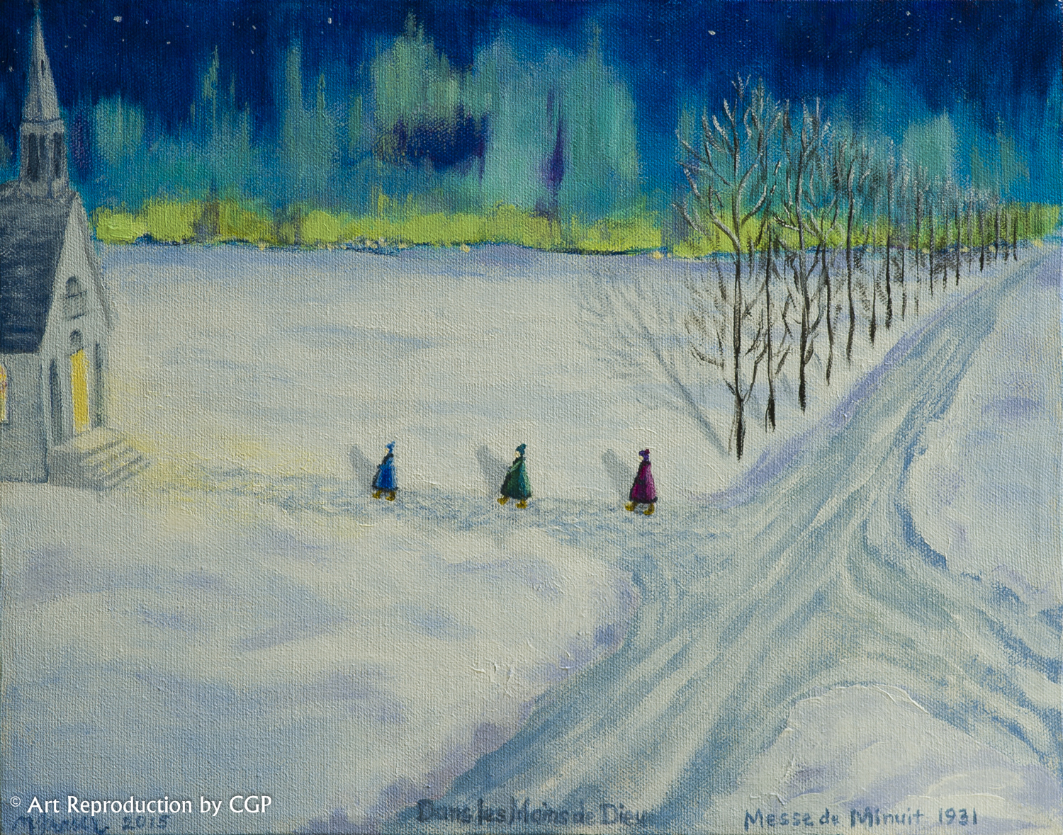 Artist: Nicole Fraser Armstrong Title: Dans les Mains de Dieu Medium: Acrylic on canvas. This image evokes a strong emotion. It reminds me of a typical cold winter Quebec scene but in reality is from Manitoba. It's a familiar scene that gives me a sense of peace. Plus, I love the different shades of blues.